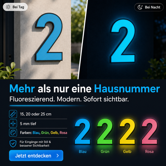 GlowGuard Hausnummer | Leuchtet ohne Strom - Fluoreszierend, Selbstleuchtend | 15-25cm